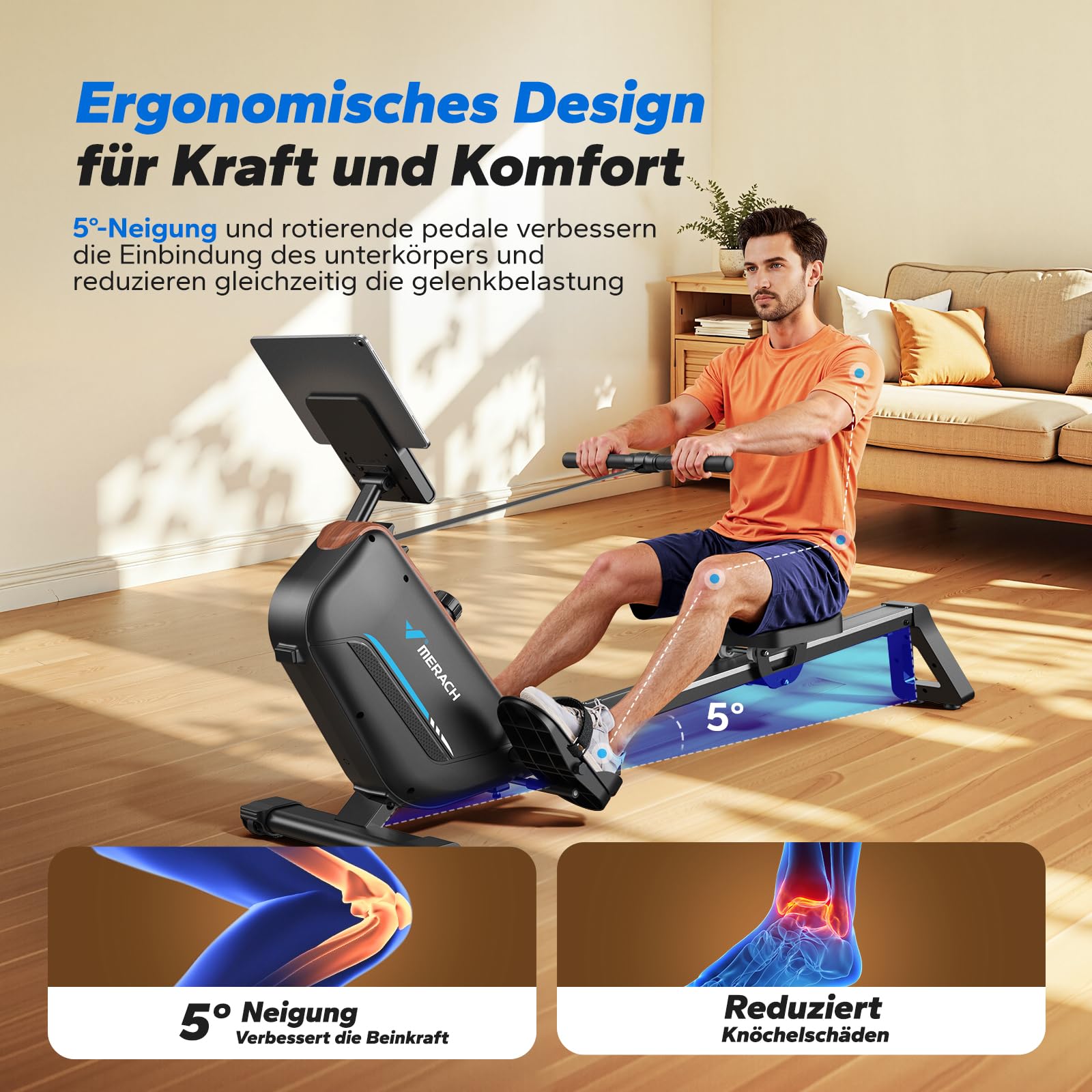 MERACH Rudergerät für Zuhause – Mit interaktiver APP-Karte & Spielen, platzsparend, Hai-Design, intensives Ganzkörpertraining