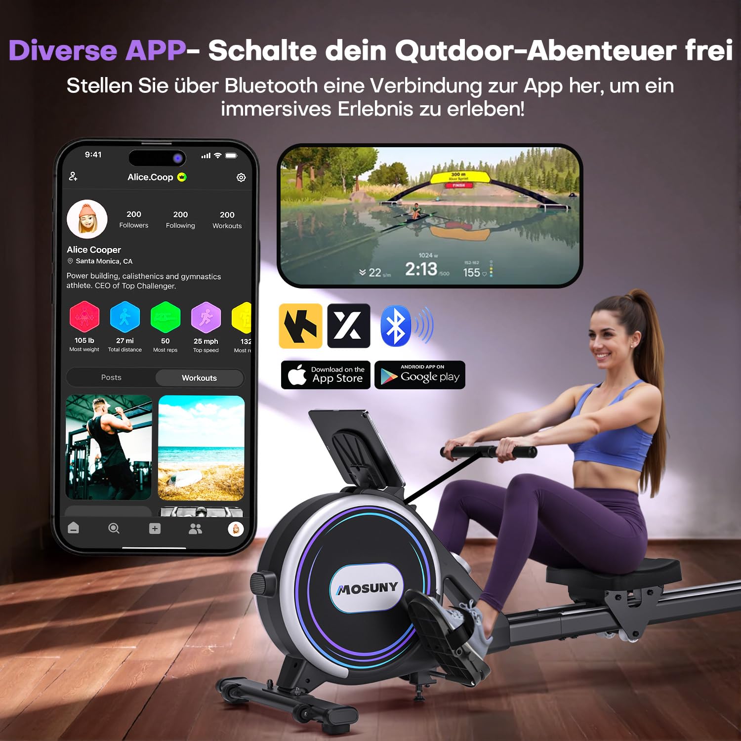MOSUNY Rudergerät für Zuhause – Leises Magnetisches Rudergerät, 32 Widerstände, APP & LCD, Doppel-Slide-Rails, bis 180kg belastbar