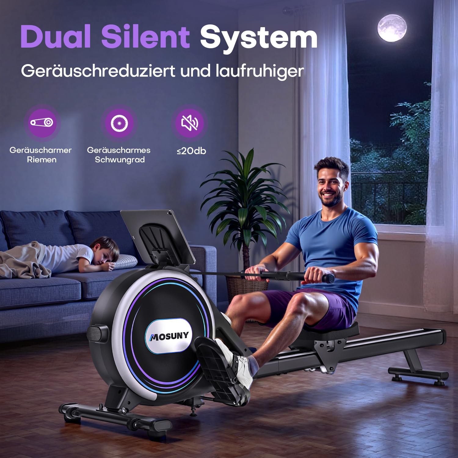 MOSUNY Rudergerät für Zuhause – Leises Magnetisches Rudergerät, 32 Widerstände, APP & LCD, Doppel-Slide-Rails, bis 180kg belastbar