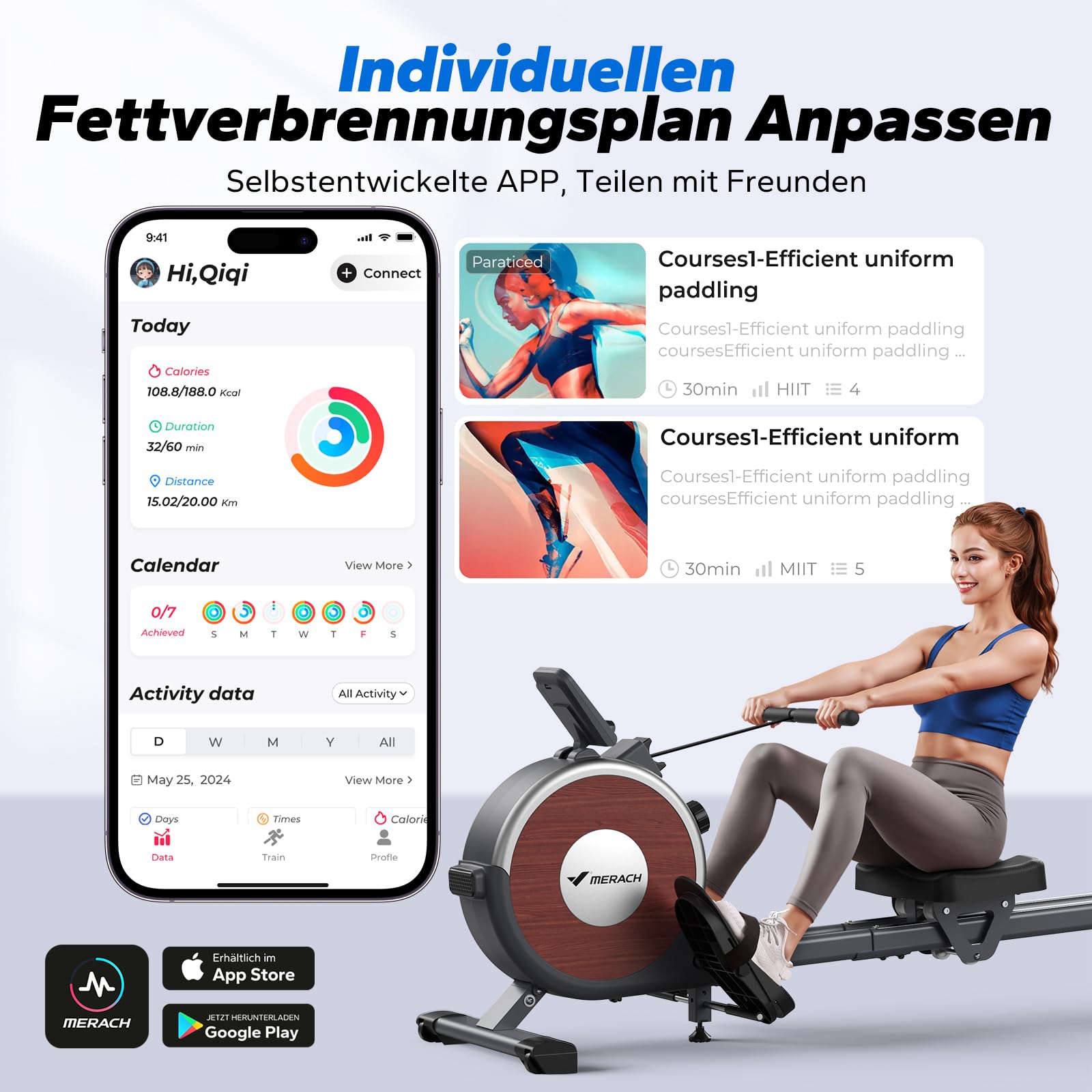 MERACH Rudergerät für Zuhause – Leises Magnet-System, 130cm verlängerte Schienen für freie Bewegung, inkl. exklusiver APP, Modell R15B2