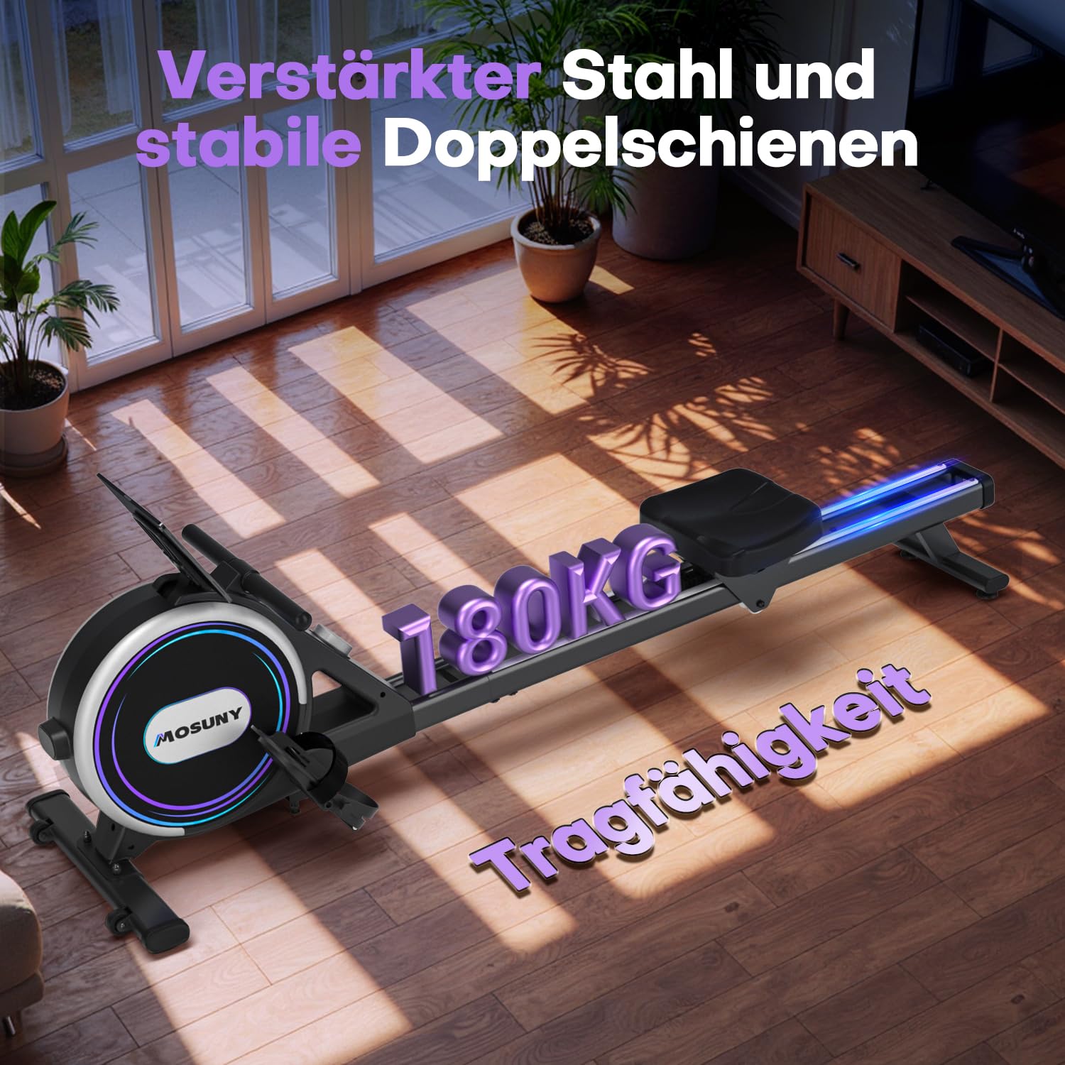 MOSUNY Rudergerät für Zuhause – Leises Magnetisches Rudergerät, 32 Widerstände, APP & LCD, Doppel-Slide-Rails, bis 180kg belastbar