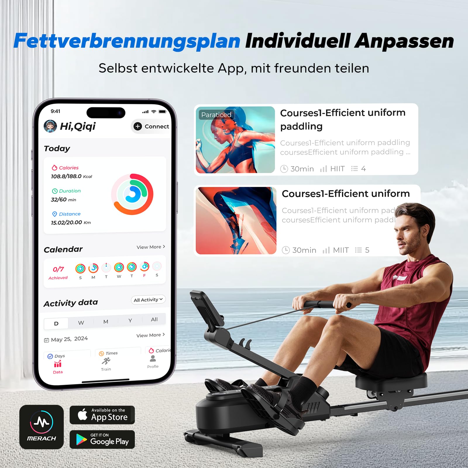 MERACH Rudergerät für Zuhause – Innovatives Doppelpaddel, mehrere Trainingsmodi, APP mit 1000+ Kursen, echtes Rudergefühl & Ganzkörpertraining