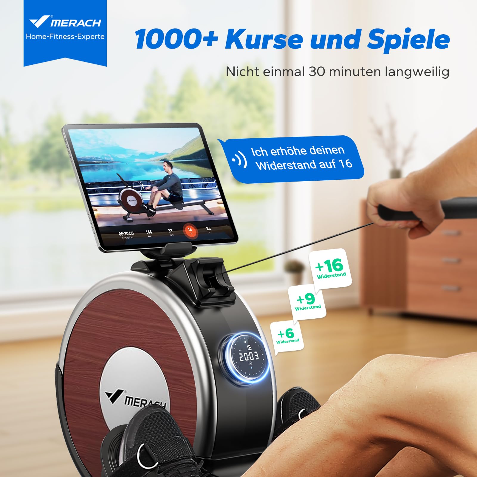 MERACH Wasserrudergerät R14 – 22L Tank aus Gummibaumholz, APP, Profi-Monitor & Tablet-Halter, ergonomischer Sitz, intensives Heimtraining