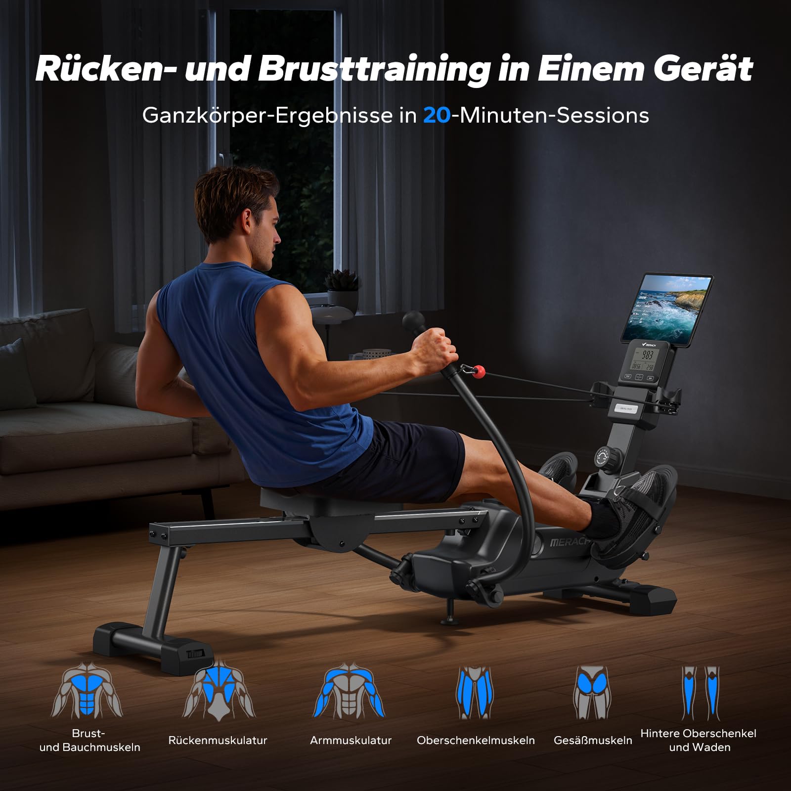 MERACH Rudergerät für Zuhause – Leises Magnet-System, 16 Widerstände, APP, stabile Doppelschienen, einfacher Aufbau, Modell Elektrische