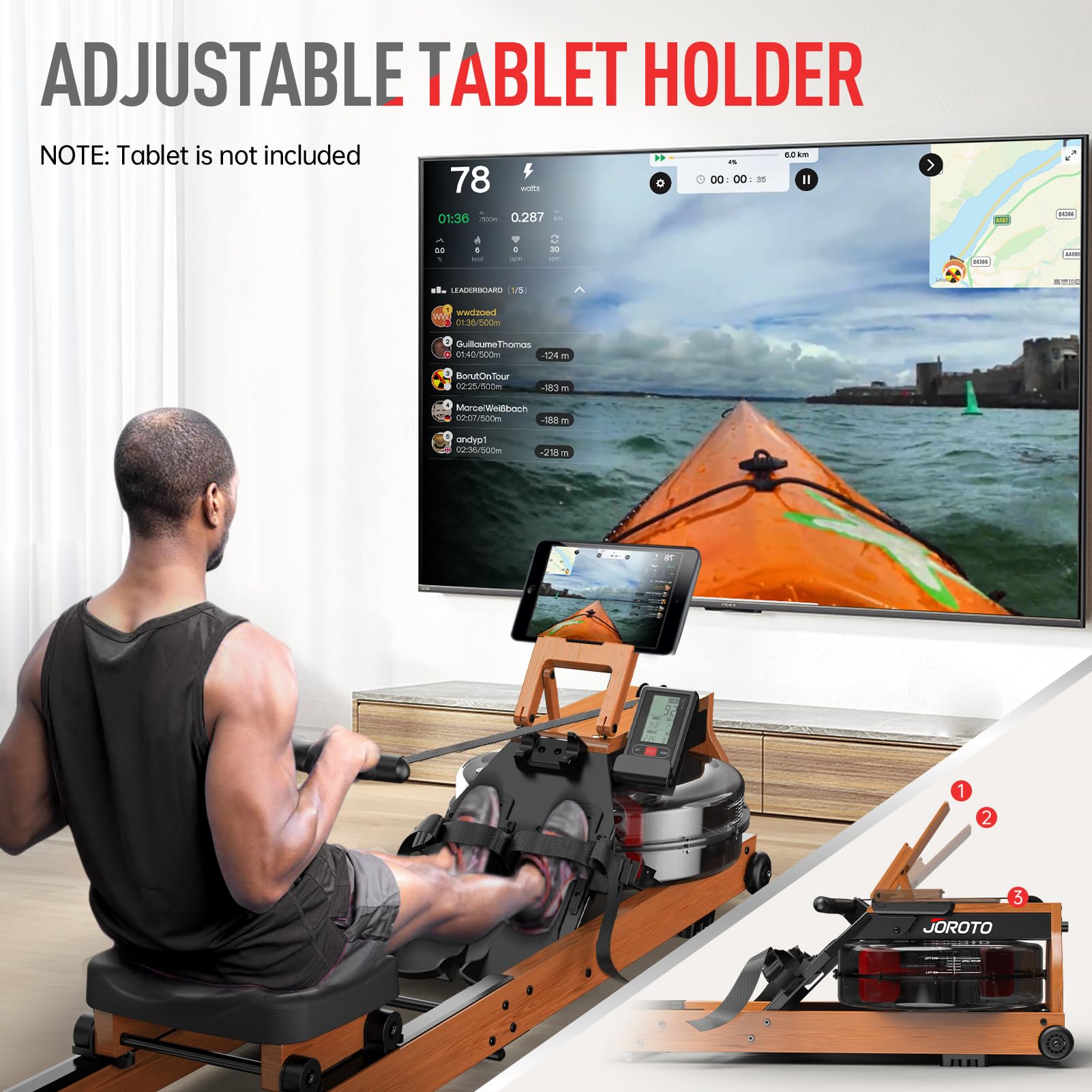 JOROTO Rudergerät aus Eiche – Klappbares Wasser-Rudergerät, Bluetooth-Display, Tablet-Halter, inkl. 30 Tage Kinomap, bis 150kg