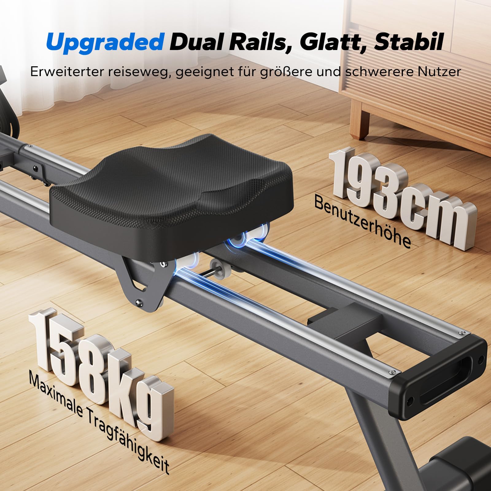 MERACH Rudergerät für Zuhause – Leises Magnet-System, 130cm verlängerte Schienen für freie Bewegung, inkl. exklusiver APP, Modell R15B2