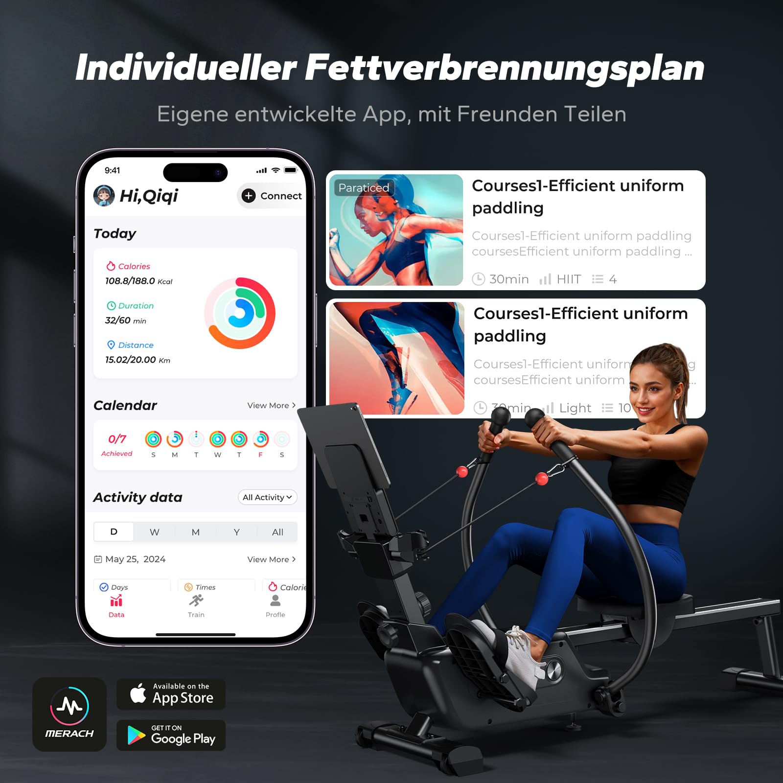 MERACH Rudergerät für Zuhause – Leises Magnet-System, 16 Widerstände, APP, stabile Doppelschienen, einfacher Aufbau, Modell Elektrische