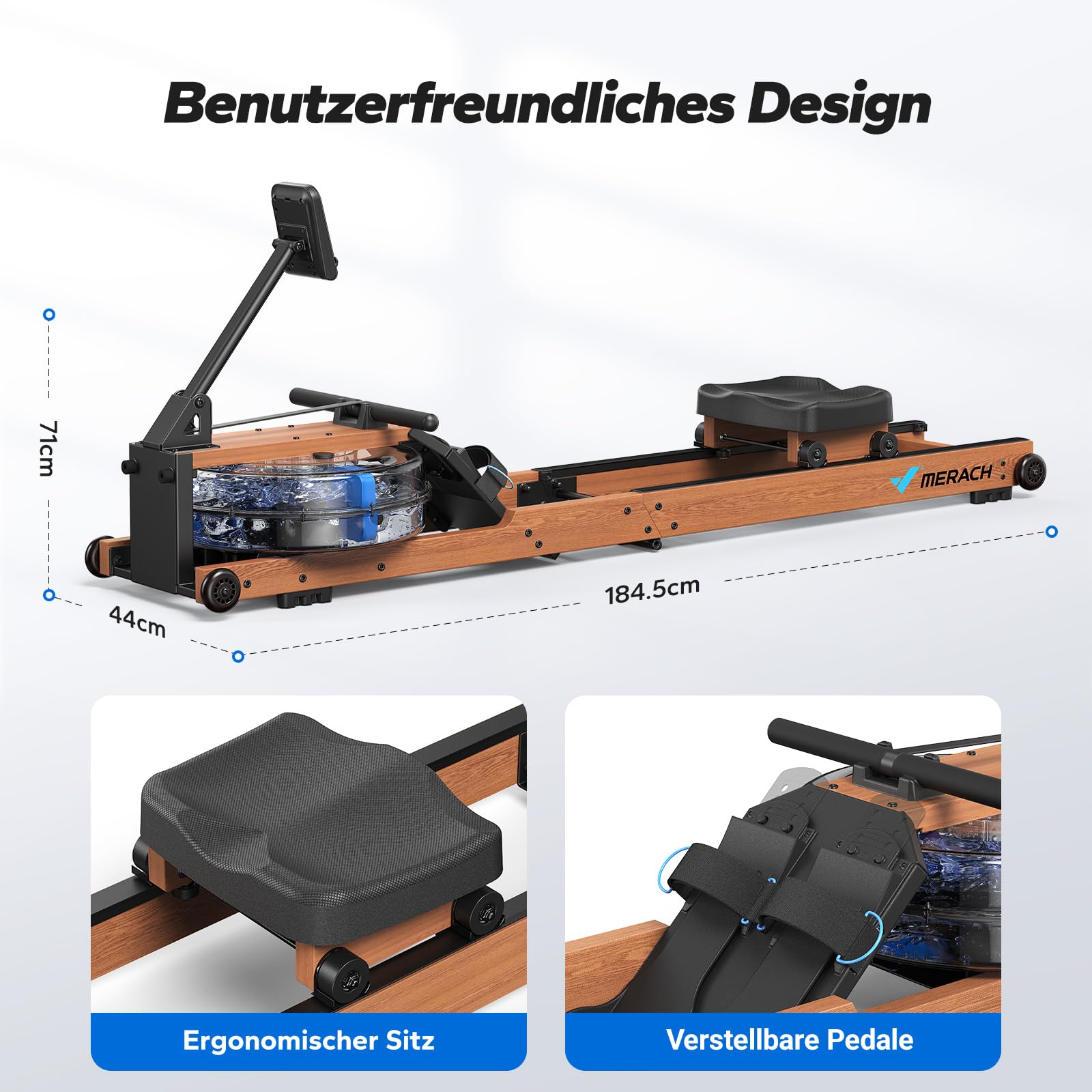 MERACH Wasser-Rudergerät R28 – Klappbar aus Gummibaumholz, APP mit Karten-Erlebnis, ergonomischer Sitz, intensives Heimtraining