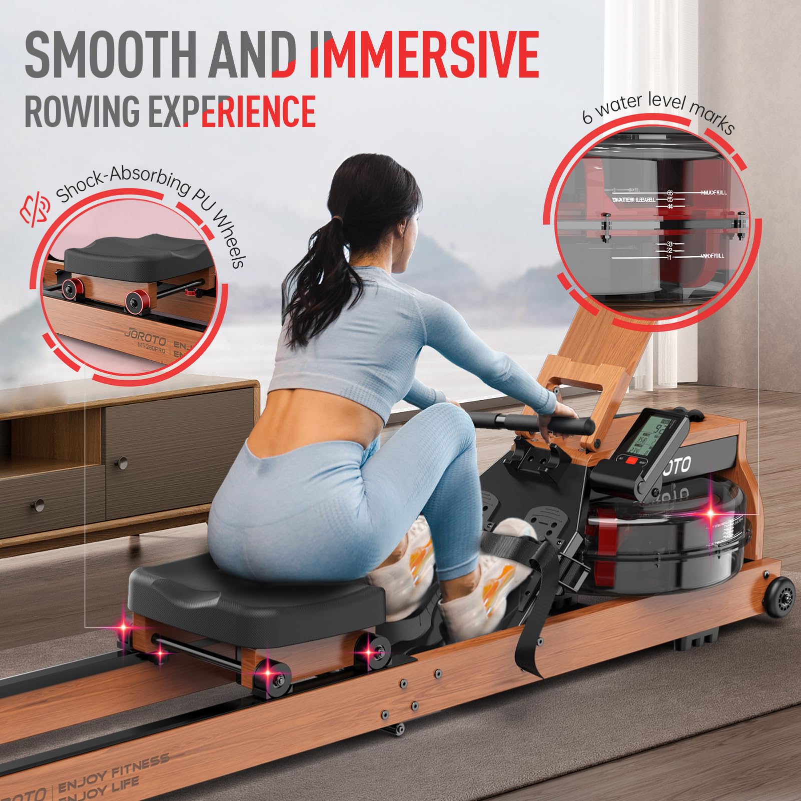 JOROTO Rudergerät aus Eiche – Klappbares Wasser-Rudergerät, Bluetooth-Display, Tablet-Halter, inkl. 30 Tage Kinomap, bis 150kg