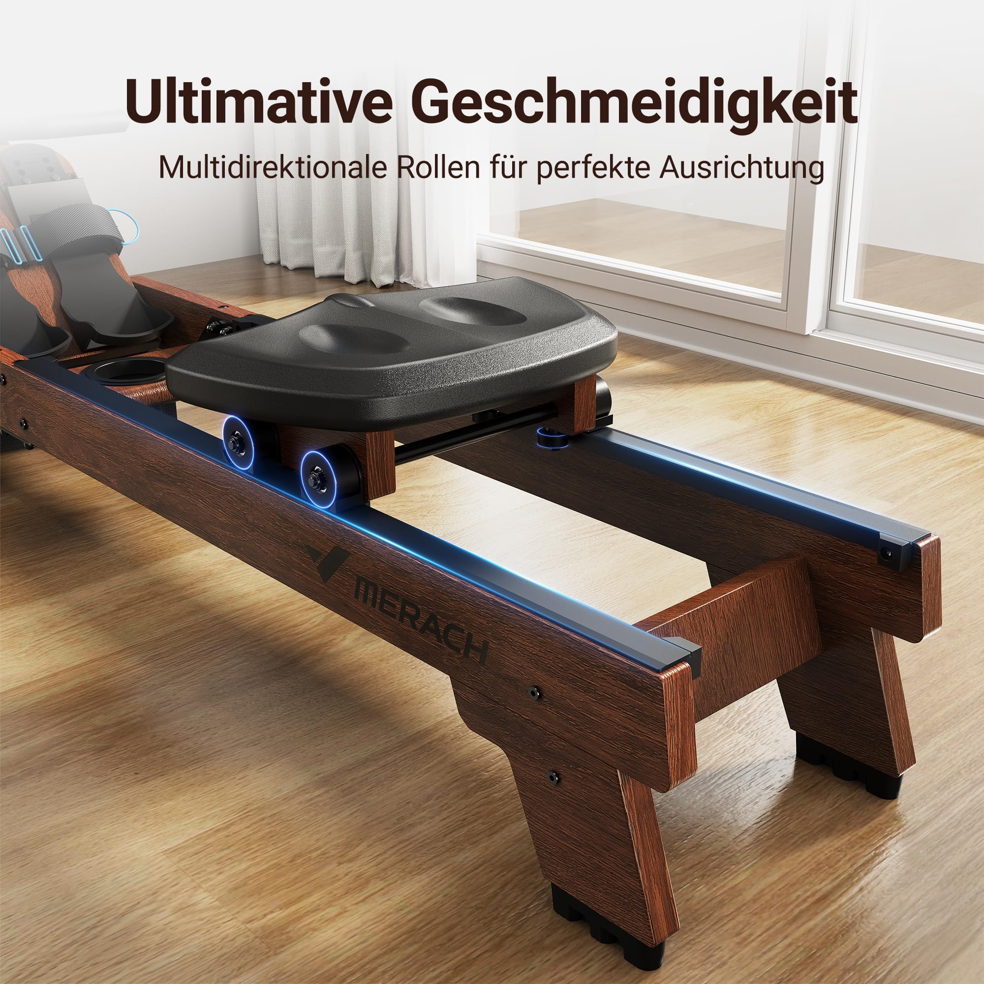 MERACH Wasserrudergerät für Zuhause – 22L Tank, Gummibaumholz, APP, Profi-Monitor & Tablet-Halter, ergonomischer Sitz, Modell R14