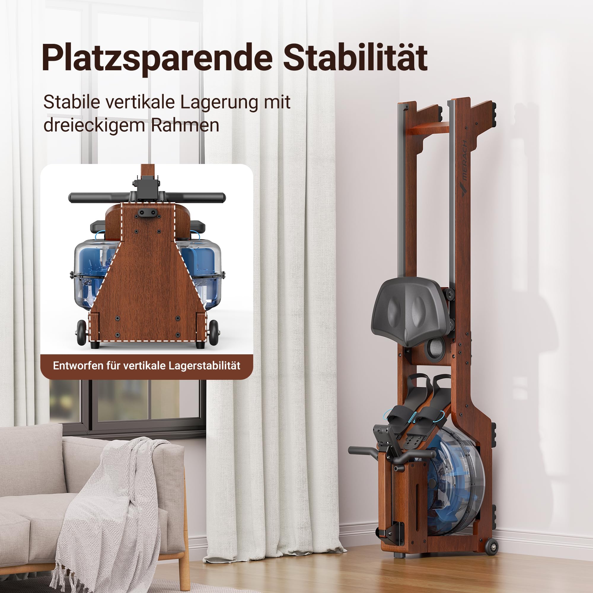MERACH Wasserrudergerät für Zuhause – 22L Tank, Gummibaumholz, APP, Profi-Monitor & Tablet-Halter, ergonomischer Sitz, Modell R14