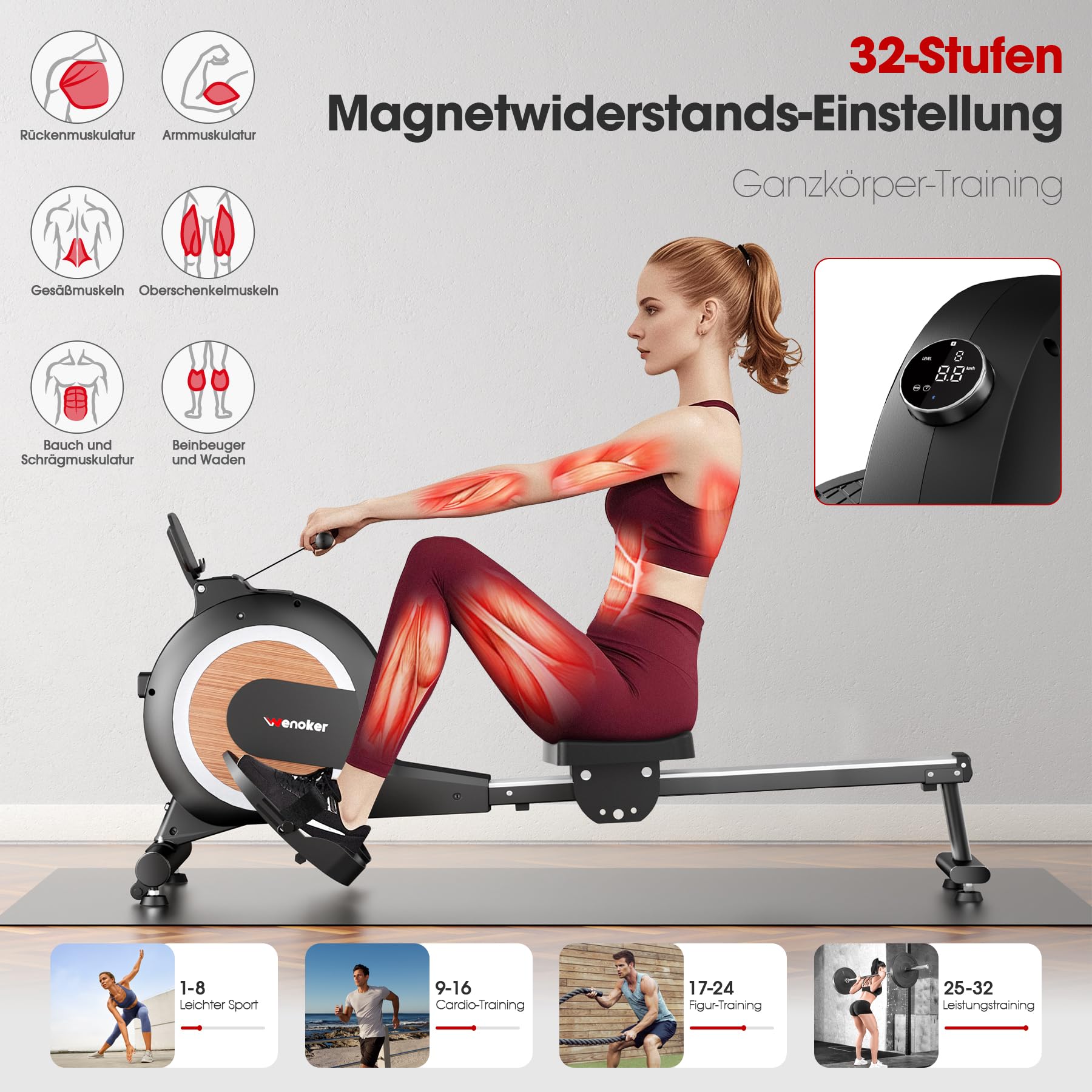 Wenoker Rudergerät für Zuhause – Magnetisch, 32 Widerstände, Leise & APP/LCD, Cardio-Heimtraining, bis 160kg belastbar, klappbar verstaubar