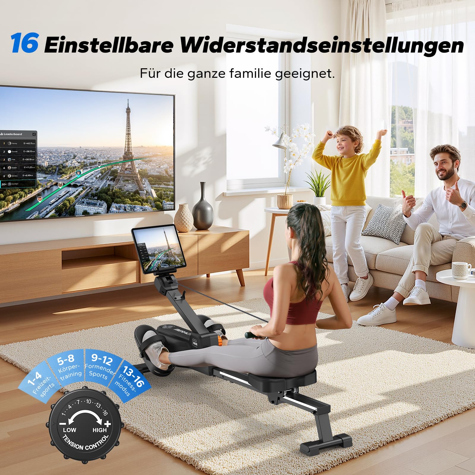 MERACH Rudergerät für Zuhause – Innovatives Doppelpaddel, mehrere Trainingsmodi, APP mit 1000+ Kursen, echtes Rudergefühl & Ganzkörpertraining