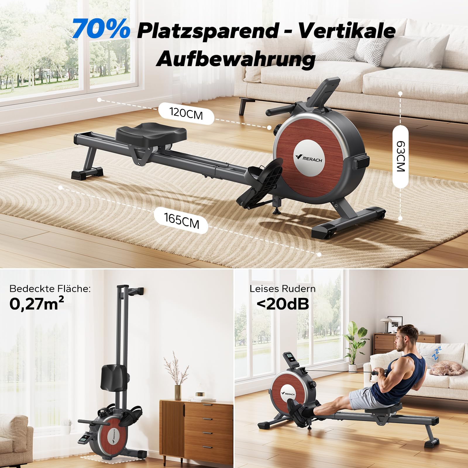 MERACH Rudergerät für Zuhause – Leises Magnet-System, 130cm verlängerte Schienen für freie Bewegung, inkl. exklusiver APP, Modell R15B2