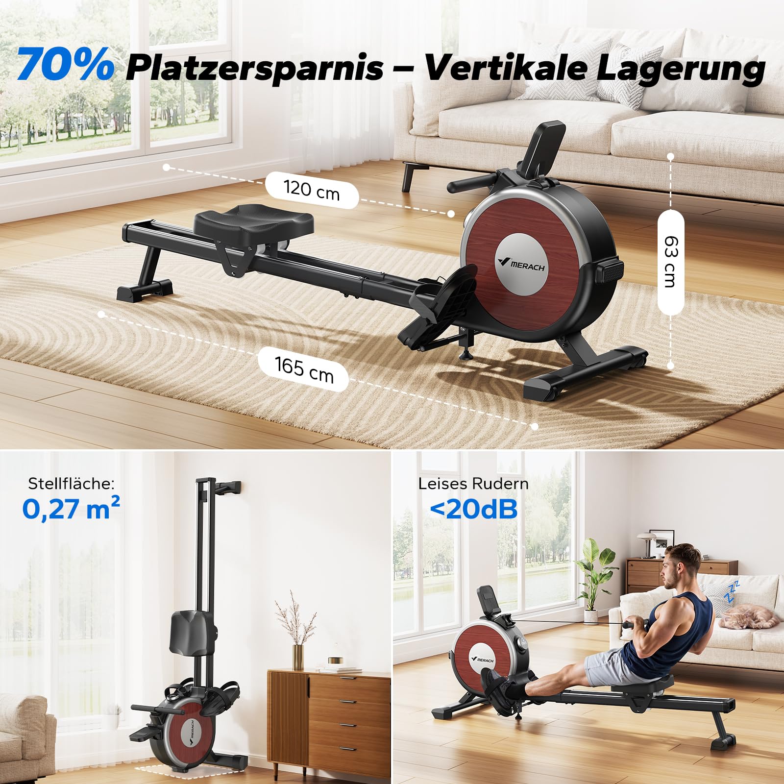 MERACH Wasserrudergerät R14 – 22L Tank aus Gummibaumholz, APP, Profi-Monitor & Tablet-Halter, ergonomischer Sitz, intensives Heimtraining