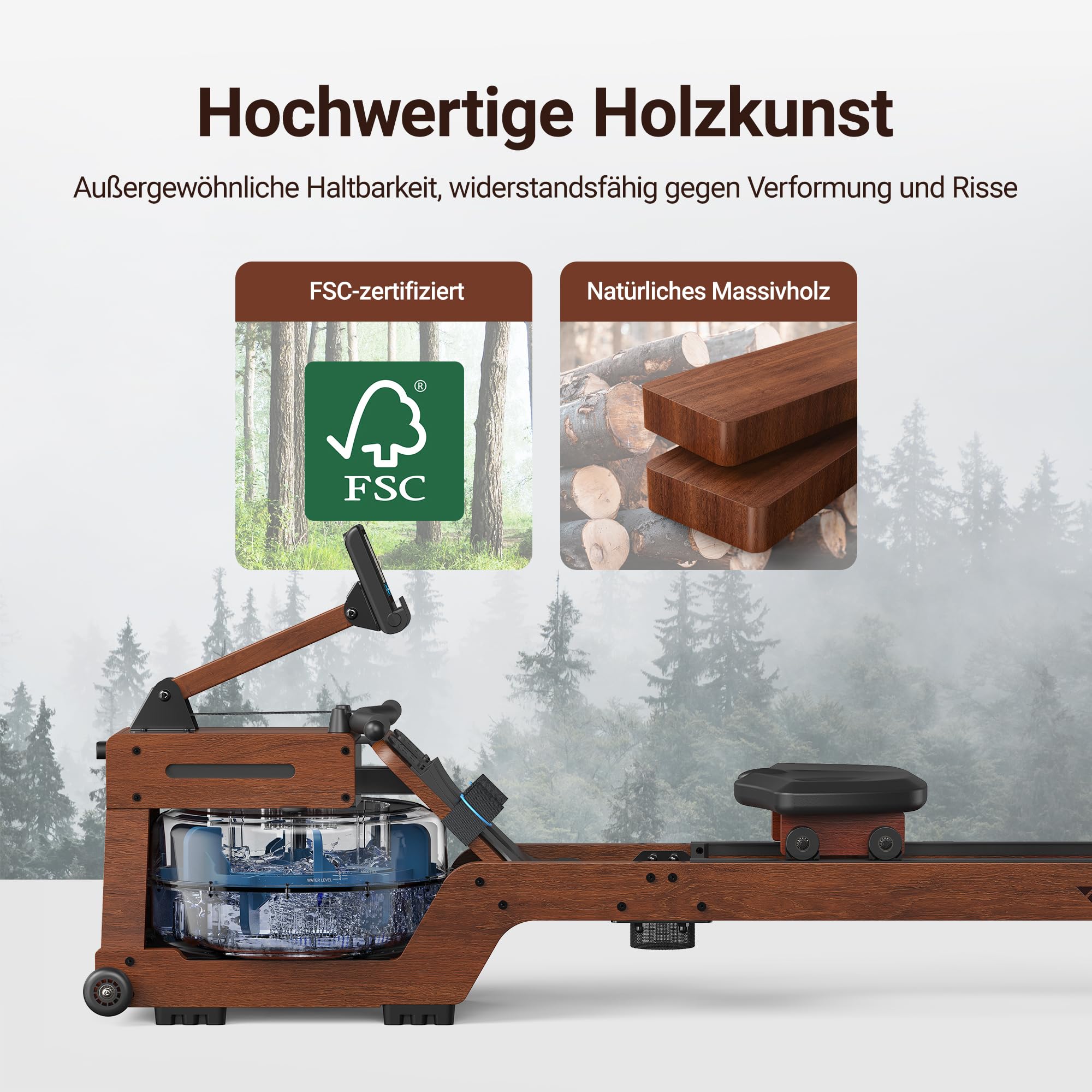 MERACH Wasserrudergerät für Zuhause – 22L Tank, Gummibaumholz, APP, Profi-Monitor & Tablet-Halter, ergonomischer Sitz, Modell R14