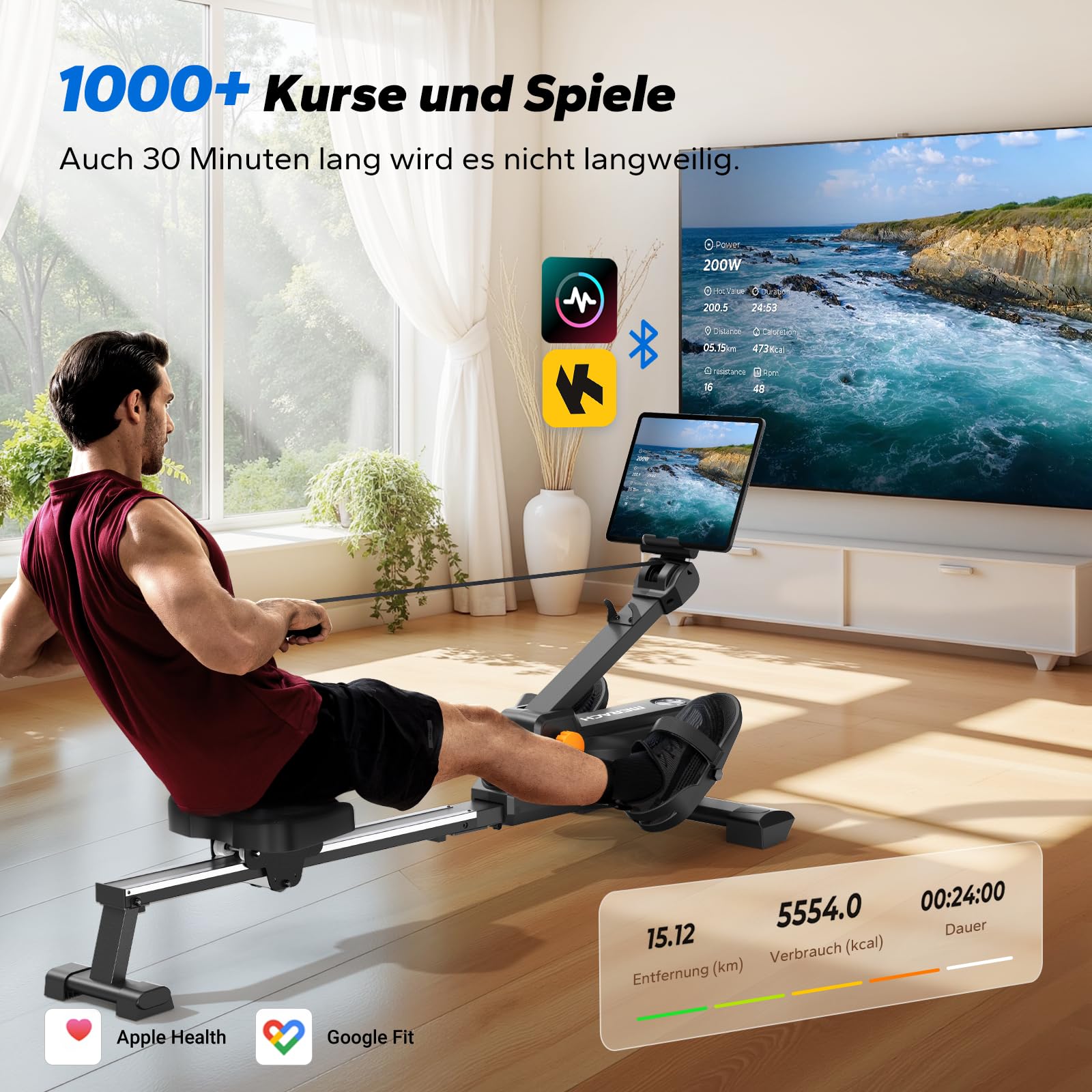 MERACH Rudergerät für Zuhause – Innovatives Doppelpaddel, mehrere Trainingsmodi, APP mit 1000+ Kursen, echtes Rudergefühl & Ganzkörpertraining