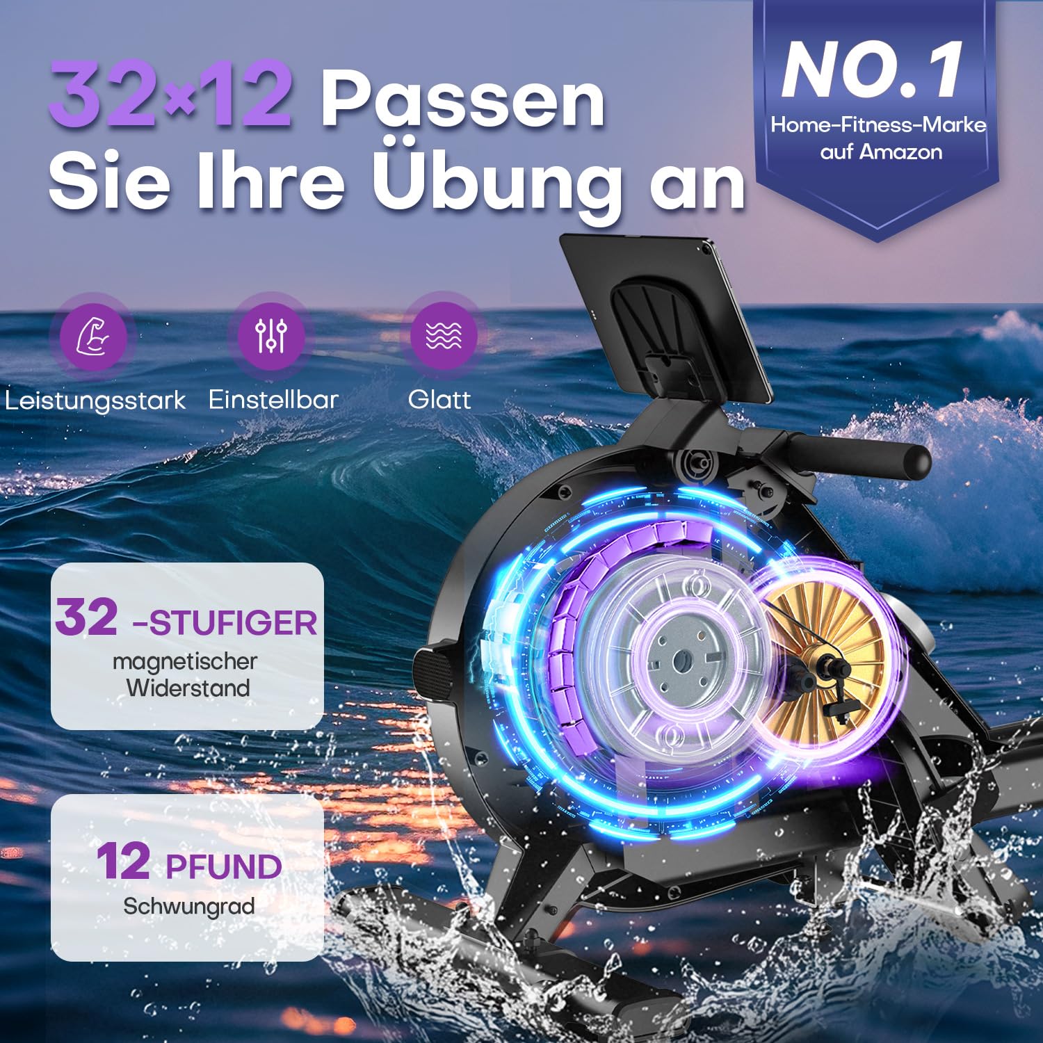 MOSUNY Rudergerät für Zuhause – Leises Magnetisches Rudergerät, 32 Widerstände, APP & LCD, Doppel-Slide-Rails, bis 180kg belastbar