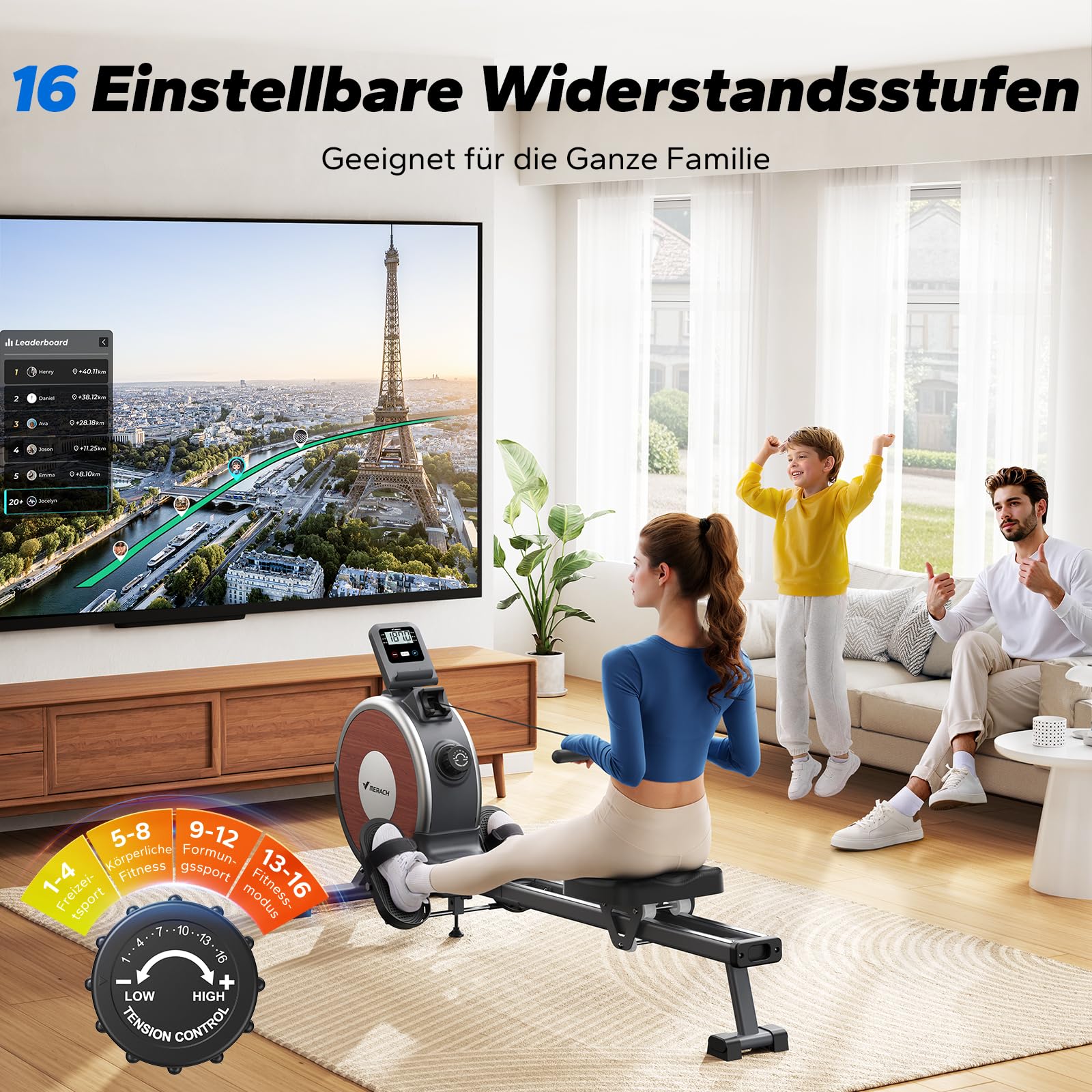 MERACH Rudergerät für Zuhause – Leises Magnet-System, 130cm verlängerte Schienen für freie Bewegung, inkl. exklusiver APP, Modell R15B2