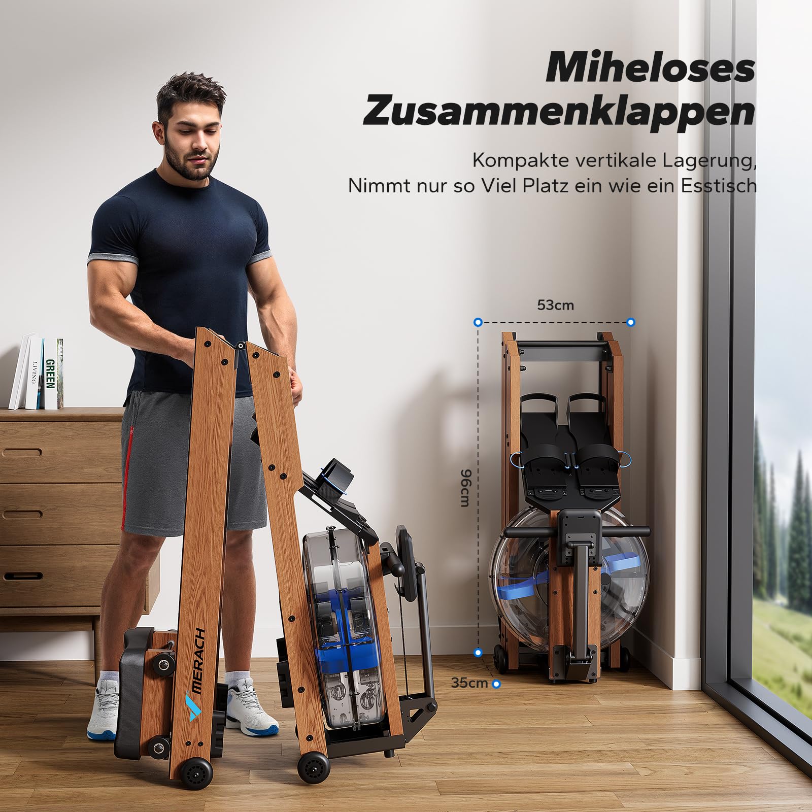 MERACH Wasser-Rudergerät R28 – Klappbar aus Gummibaumholz, APP mit Karten-Erlebnis, ergonomischer Sitz, intensives Heimtraining