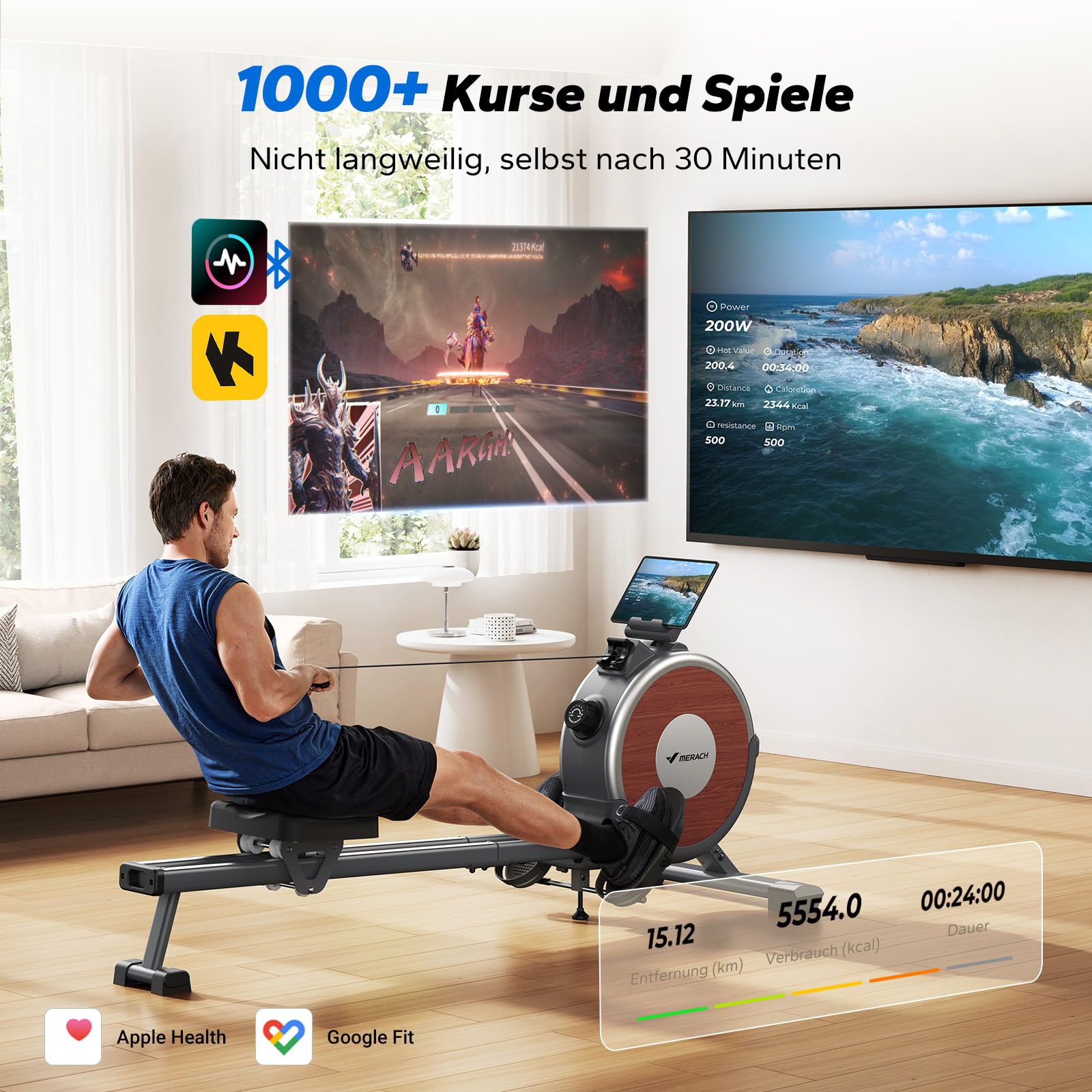 MERACH Rudergerät für Zuhause – Leises Magnet-System, 130cm verlängerte Schienen für freie Bewegung, inkl. exklusiver APP, Modell R15B2