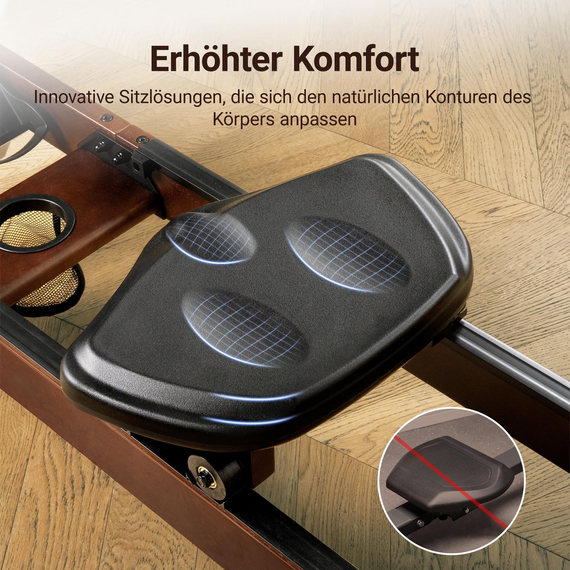MERACH Wasserrudergerät für Zuhause – 22L Tank, Gummibaumholz, APP, Profi-Monitor & Tablet-Halter, ergonomischer Sitz, Modell R14